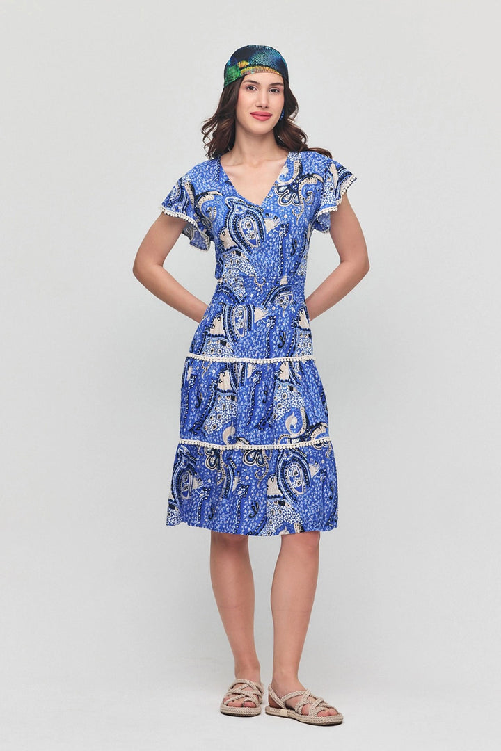 Blue V-Neck Ruffled Floral Patterned Summer Viscose Dress BCVL-25V054 - Wichita