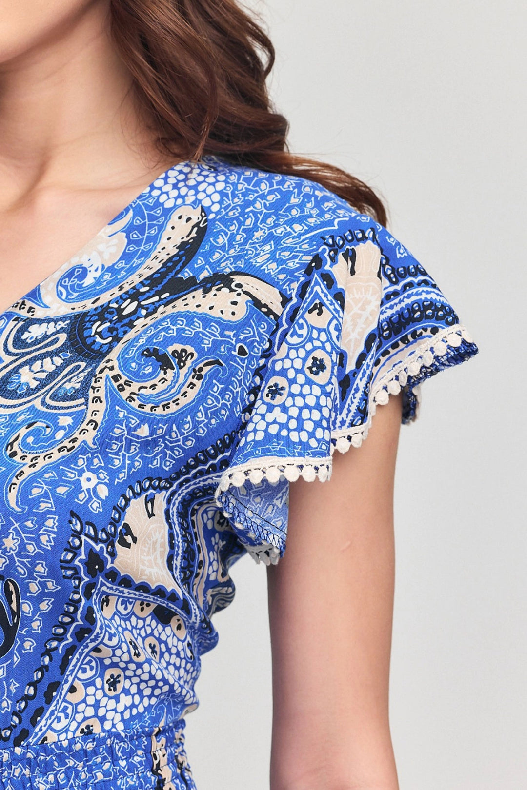 Blue V-Neck Ruffled Floral Patterned Summer Viscose Dress BCVL-25V054 - Wichita