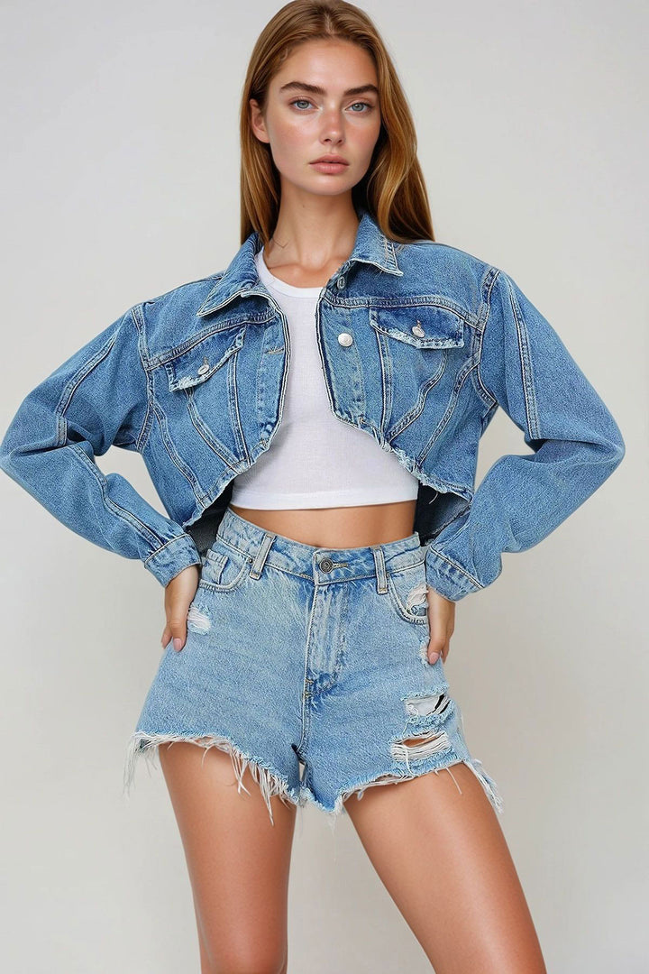 Blue Distressed Vintage Cropped Denim Jacket with Stitch Details BCHNW-251179 - Haguenau