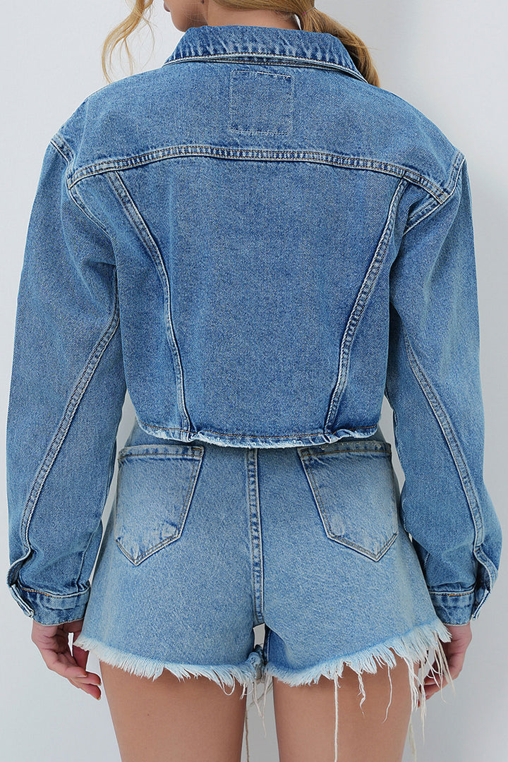 Blue Distressed Vintage Cropped Denim Jacket with Stitch Details BCHNW-251179 - Haguenau