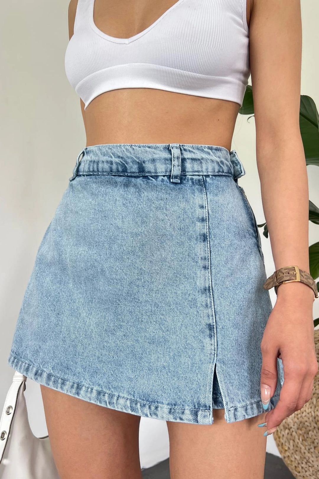 Blue Slit Detailed Denim Shorts Skirt BCDF-243309 - Haverhill