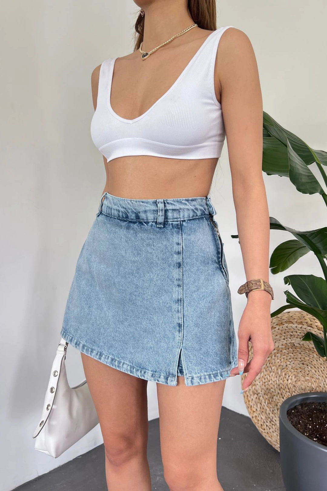 Blue Slit Detailed Denim Shorts Skirt BCDF-243309 - Haverhill