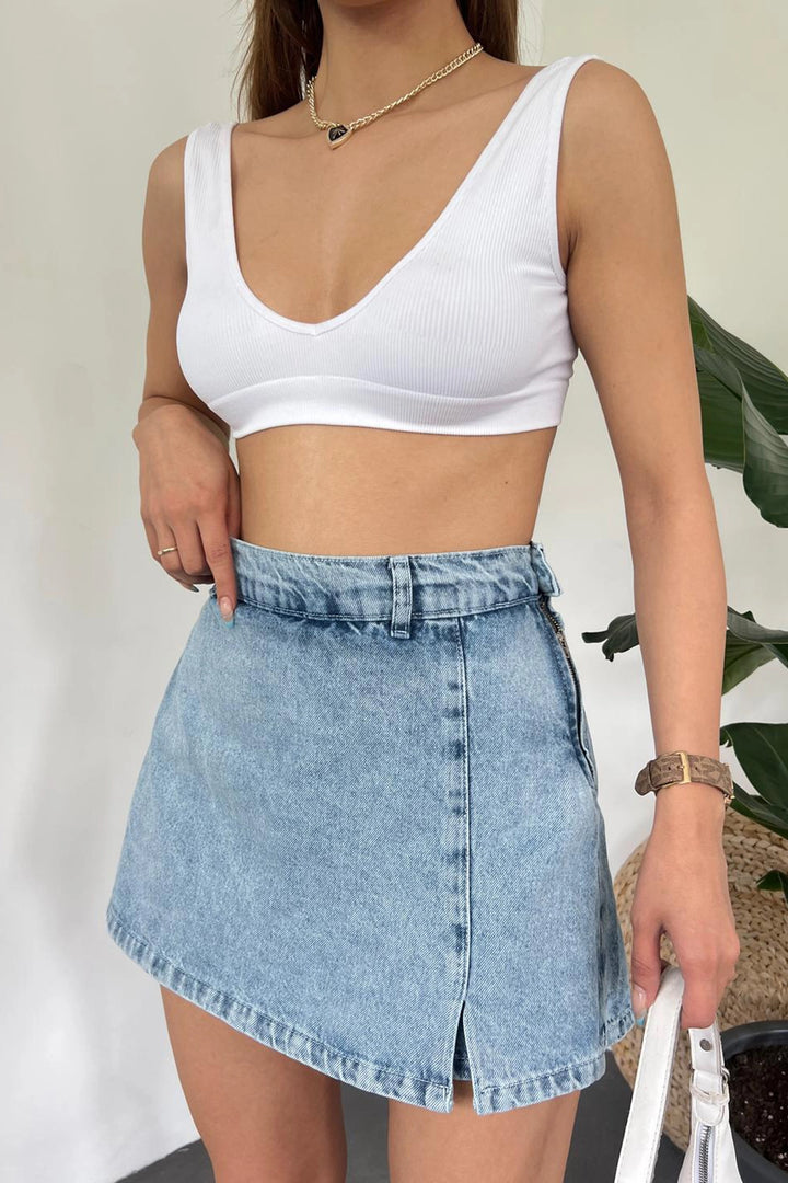 Blue Slit Detailed Denim Shorts Skirt BCDF-243309 - Haverhill