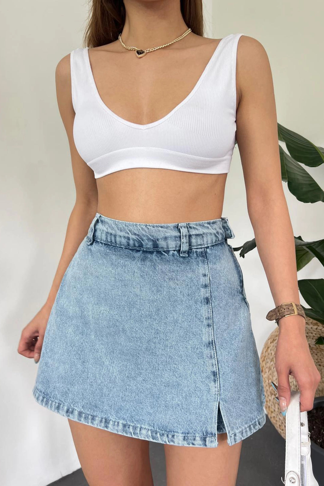 Blue Slit Detailed Denim Shorts Skirt BCDF-243309 - Haverhill