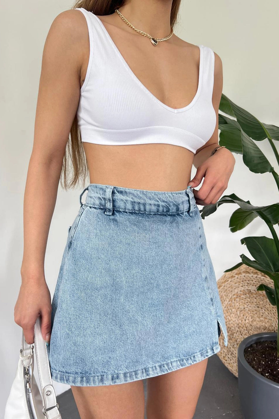 Blue Slit Detailed Denim Shorts Skirt BCDF-243309 - Haverhill