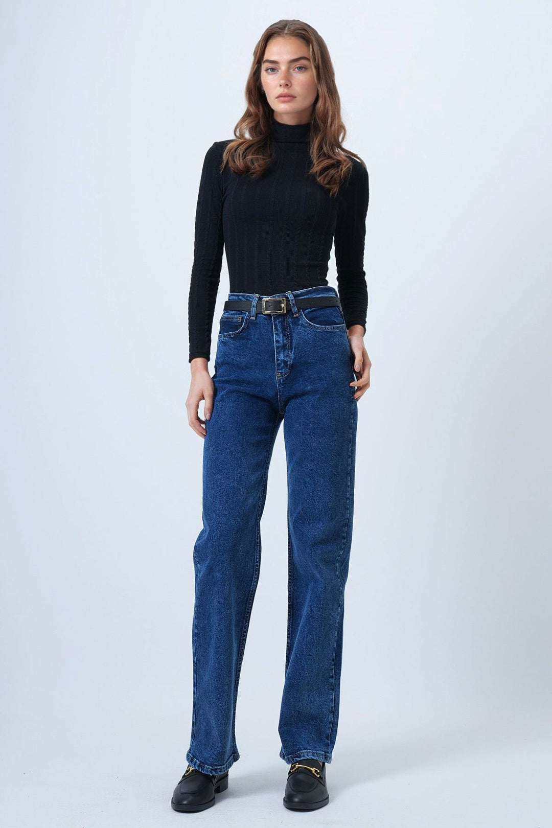 Blue High Waisted Straight Leg 5 Pocket Denim Pants BCHNW-251205 - Marhanets