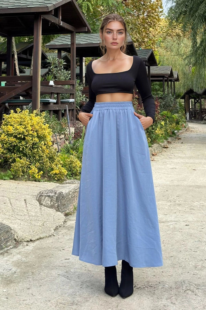 Blue High Waisted Elastic Long Skirt BCBSK-25700-3676 - Danville