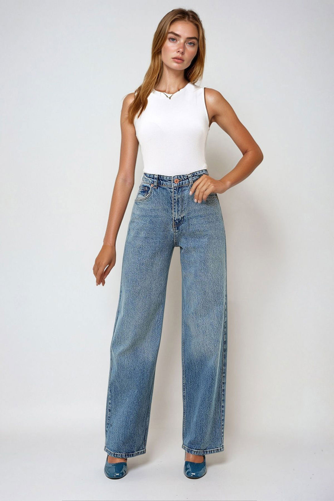 Blue High Waisted Palazzo Cut Jeans BCHNW-251176 - Nezahualcóyotl