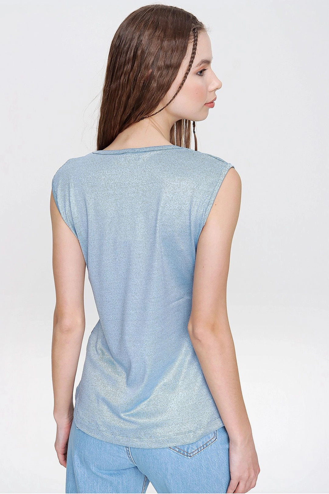 Blue Soft Textured V-Neck Blouse BCBSK-25700-2892 - Lárisa