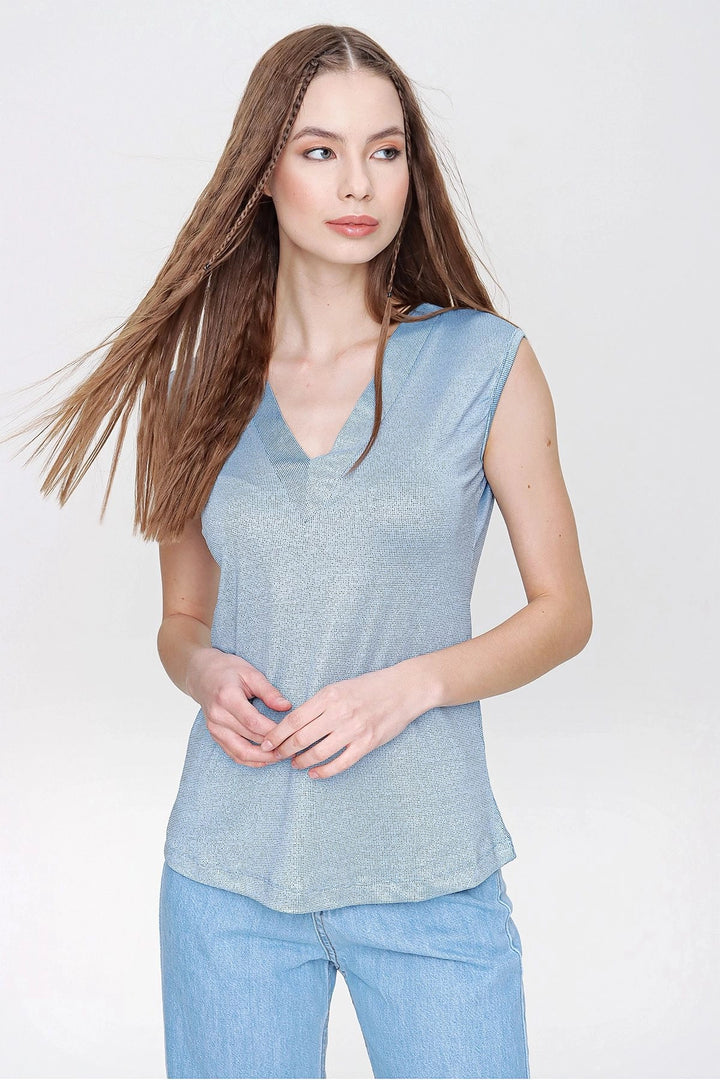 Blue Soft Textured V-Neck Blouse BCBSK-25700-2892 - Lárisa