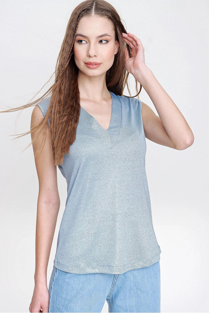 Blue Soft Textured V-Neck Blouse BCBSK-25700-2892 - Lárisa