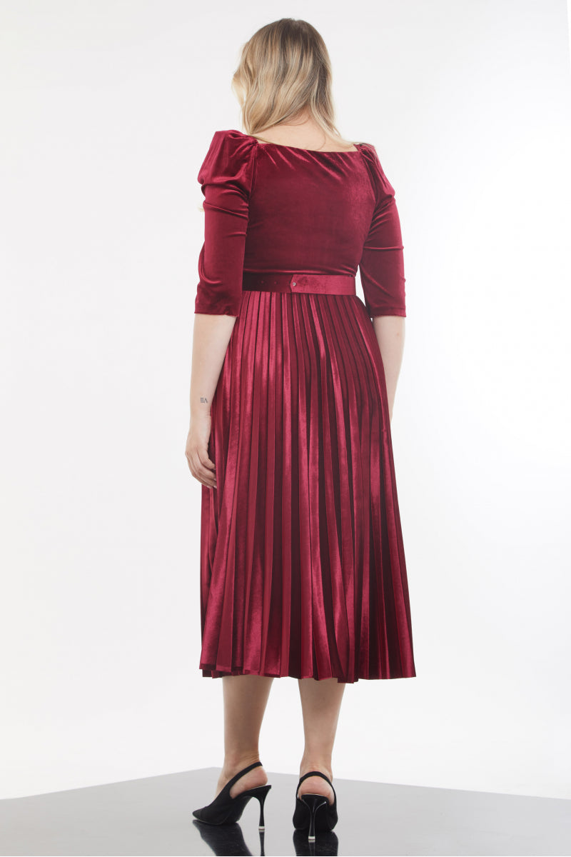 FRV Claret red plus size velvet 3/4 sleeve midi dress - Majadahonda