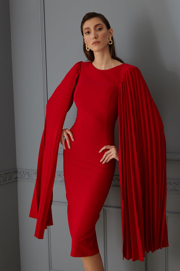 FRV Red crepe long sleeve midi dress - Salzburg