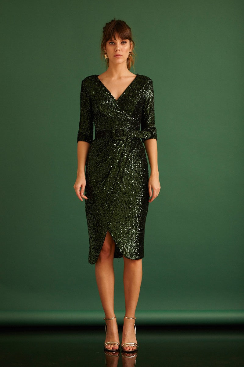 FRV Green stamp sequins sleeveless midi dress - Frontera