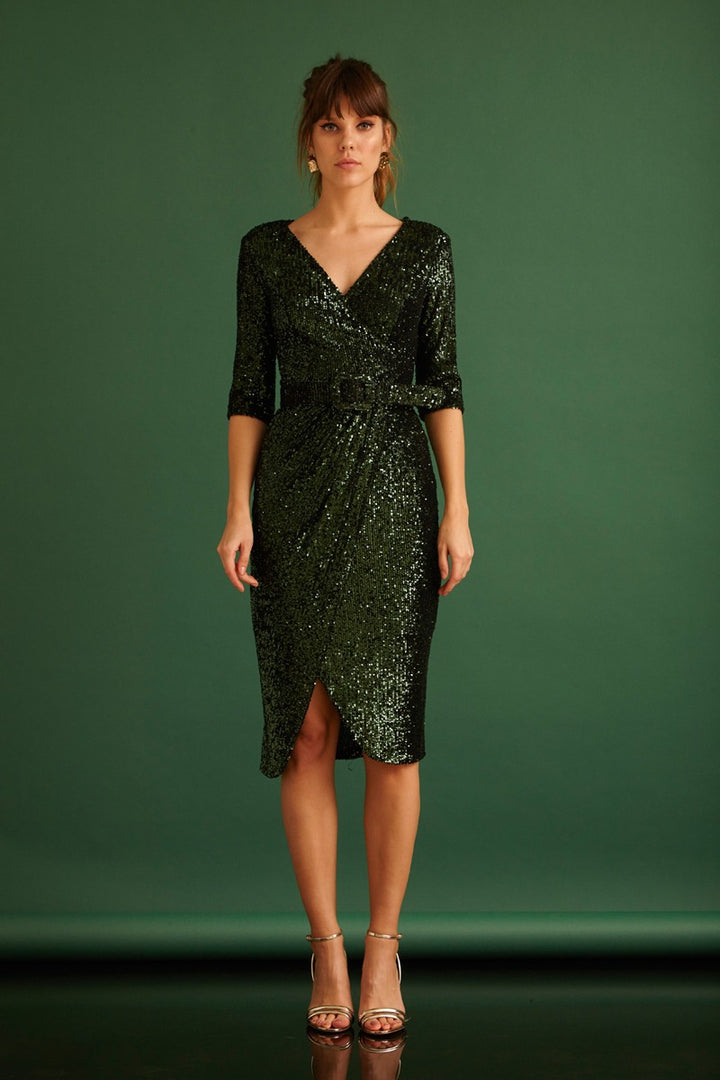 FRV Green stamp sequins sleeveless midi dress - Frontera