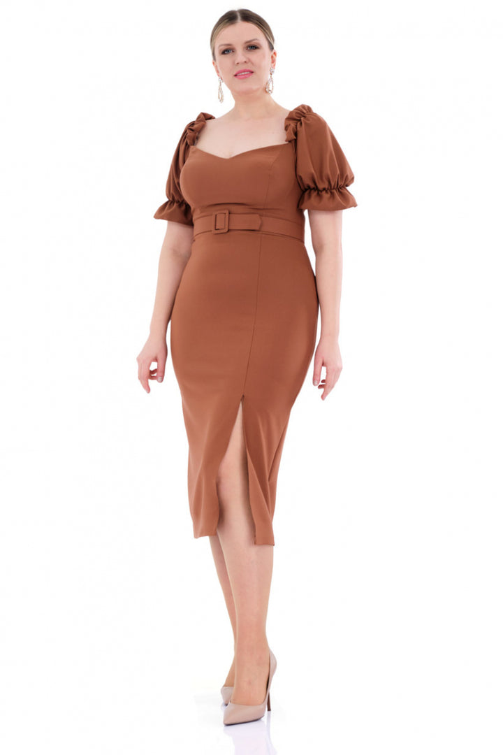 FRV Brown plus size crepe 3/4 sleeve midi dress - Pinotepa