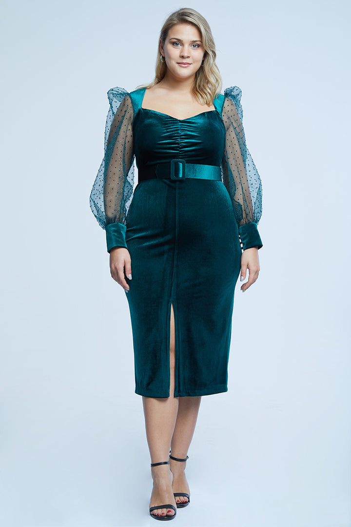 FRV Green plus size velvet long sleeve midi dress - Blois