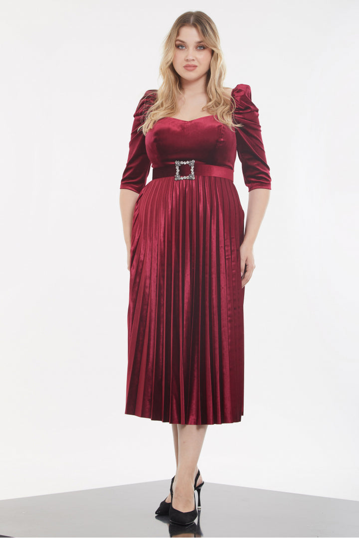 FRV Claret red plus size velvet 3/4 sleeve midi dress - Majadahonda