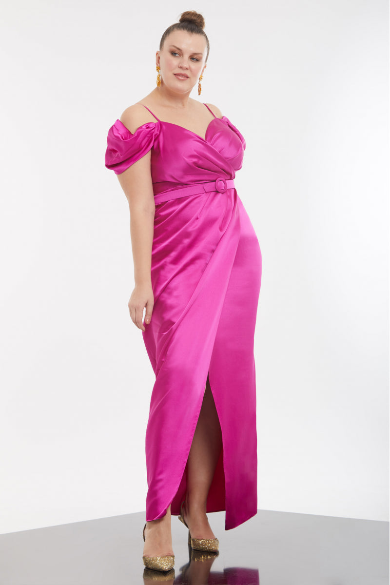 FRV Fuchsia plus size satin sleeveless maxi dress - The Woodlands