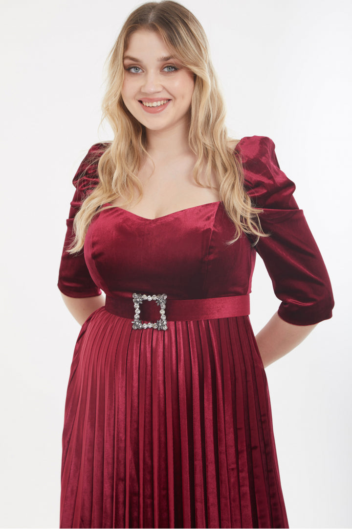 FRV Claret red plus size velvet 3/4 sleeve midi dress - Majadahonda