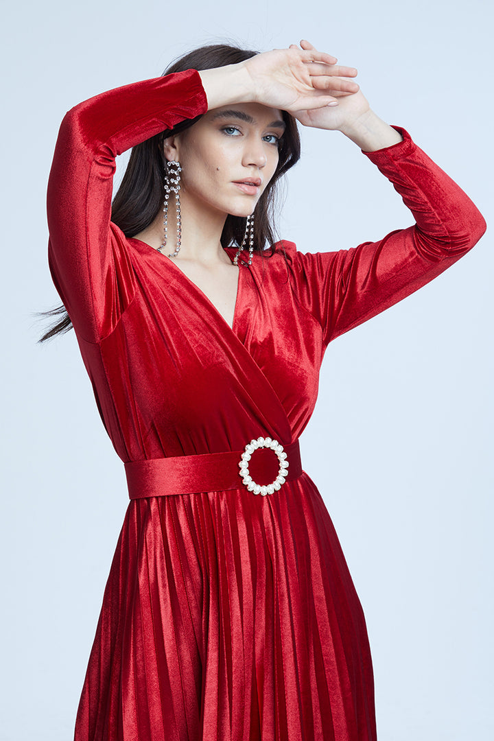 FRV Red velvet long sleeve midi dress - Gloucester