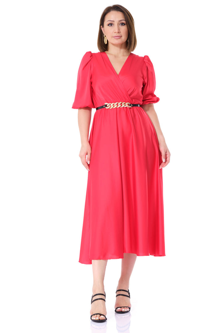 FRV Red satin short sleeve midi dress - Lousada