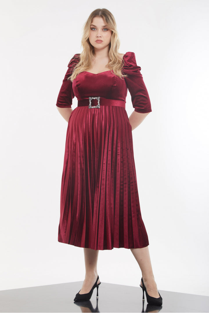 FRV Claret red plus size velvet 3/4 sleeve midi dress - Majadahonda