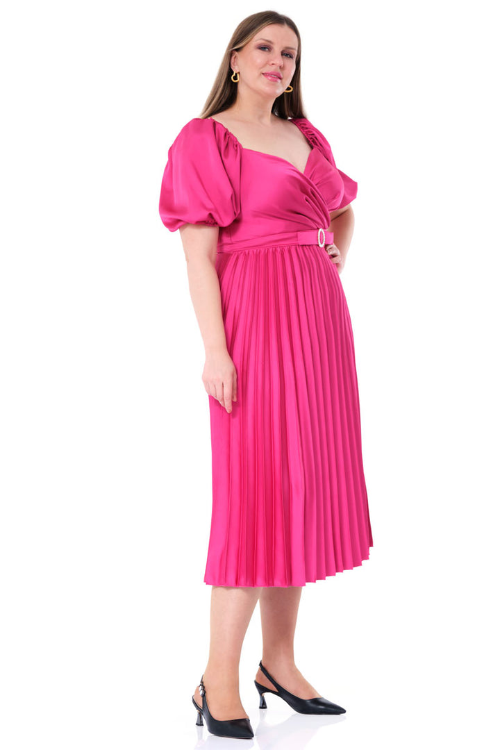 FRV Fuchsia plus size satin short sleeve midi dress - Murfreesboro