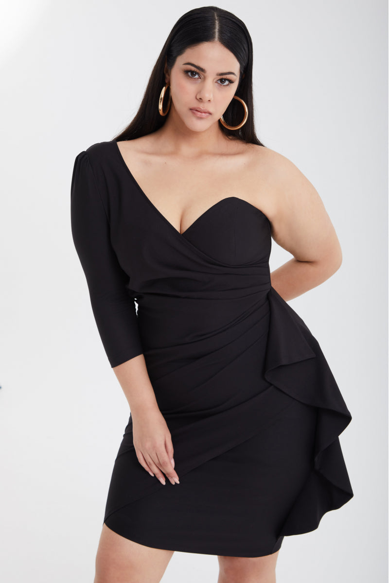 FRV Black plus size crepe single sleeve mini dress - Frankenthal