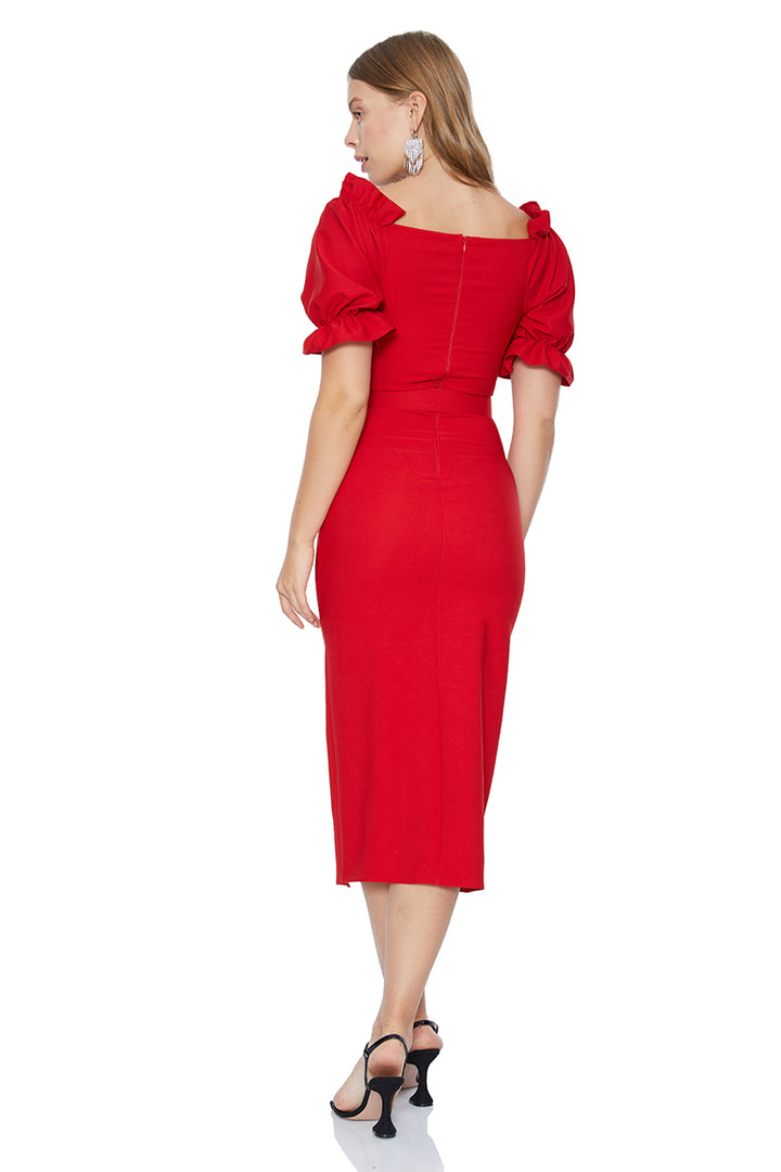 FRV Red crepe 3/4 sleeve midi dress - Venlo