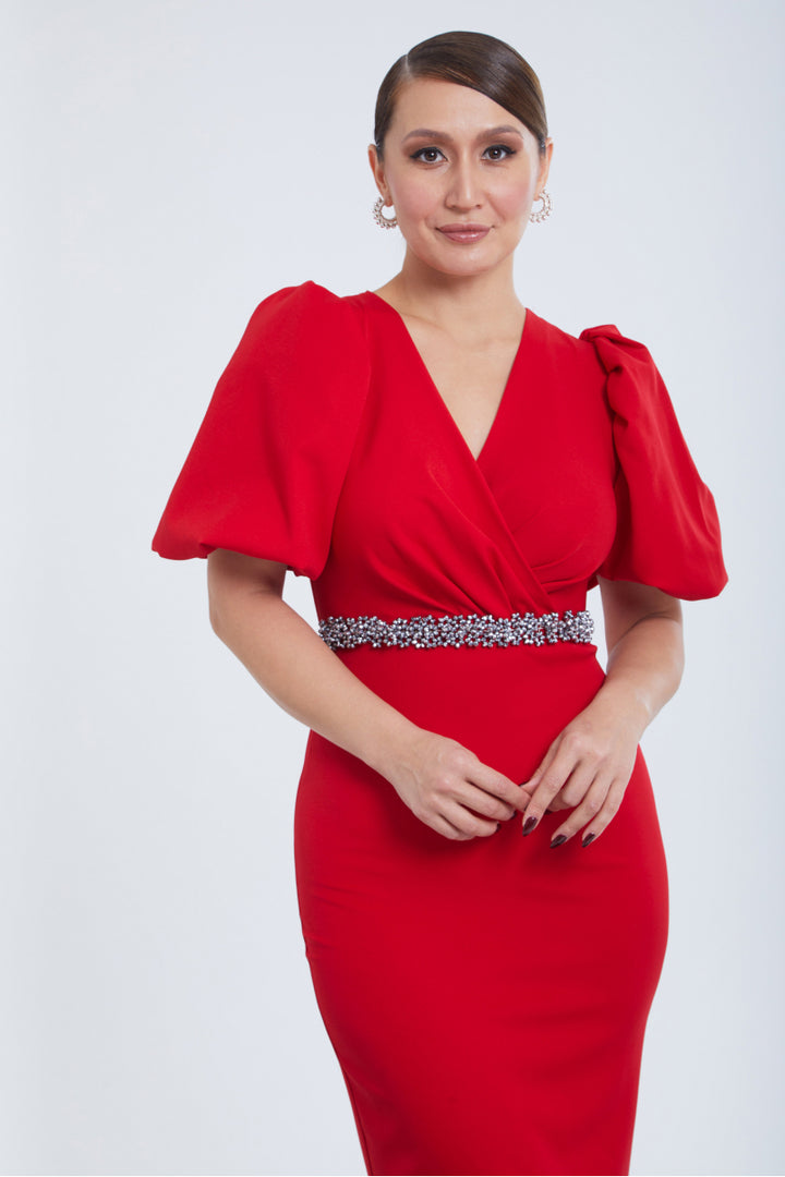 FRV Red crepe 3/4 sleeve midi dress - Boca del Rio