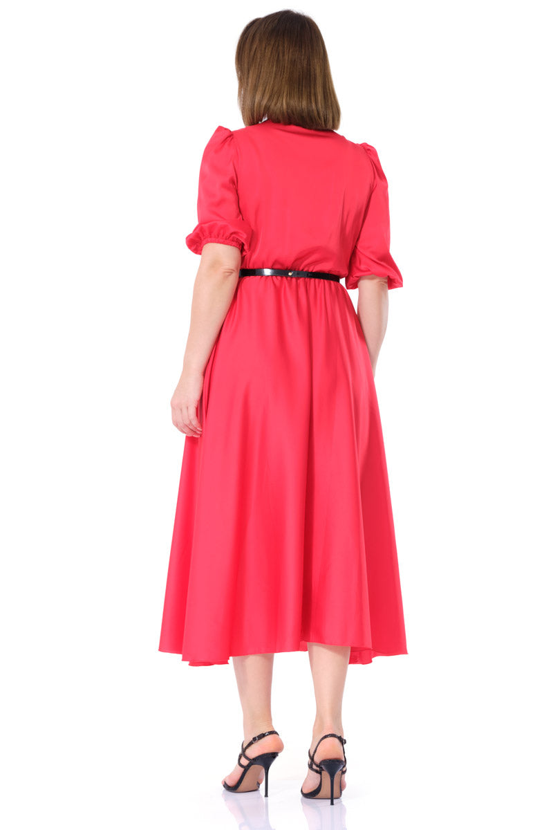 FRV Red satin short sleeve midi dress - Lousada