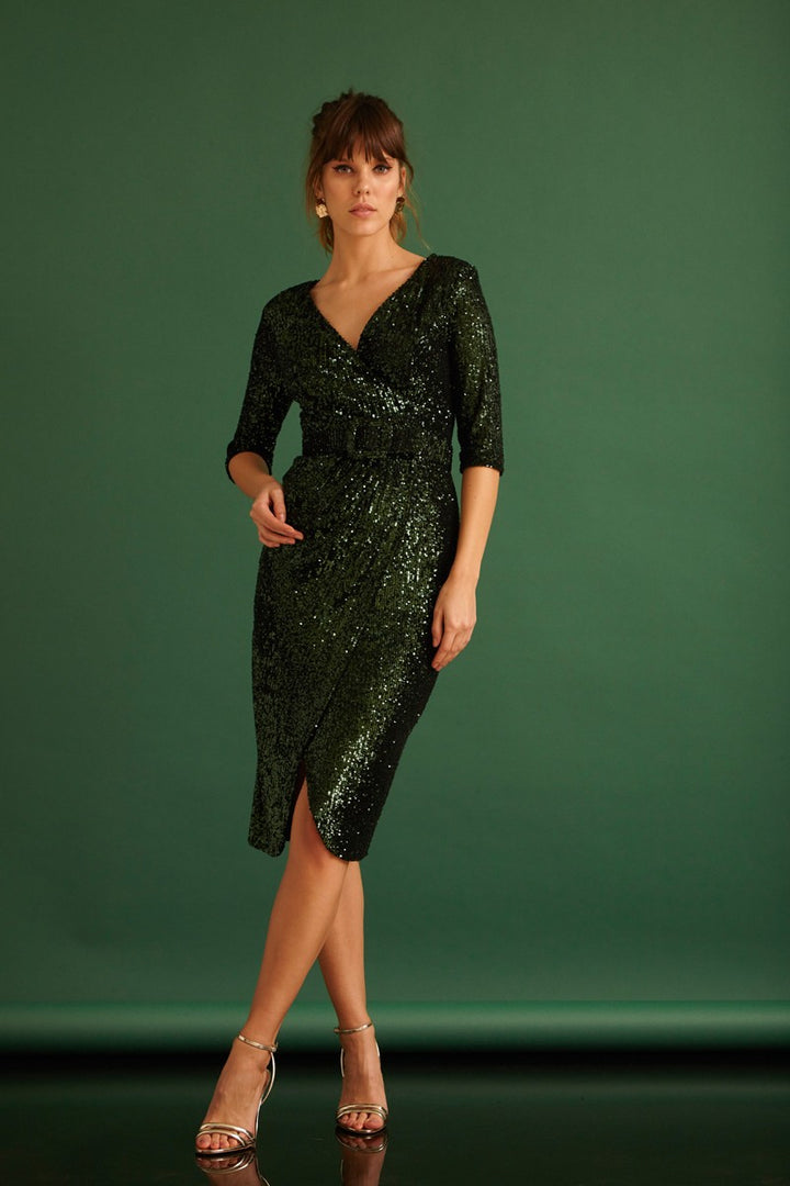 FRV Green stamp sequins sleeveless midi dress - Frontera