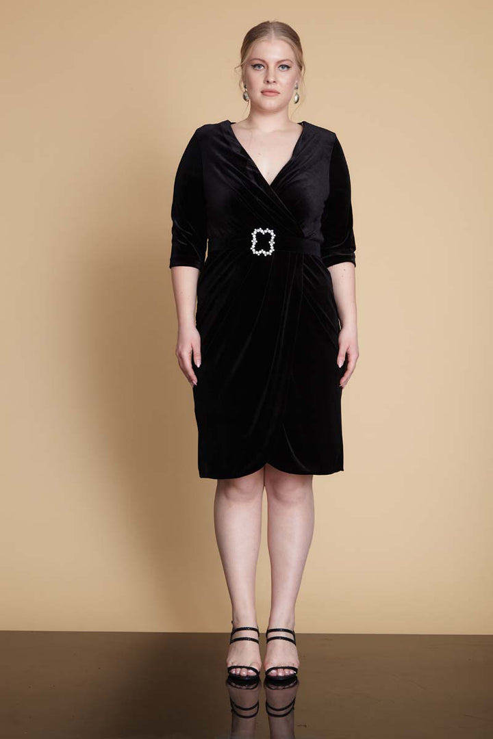 FRV Black plus size velvet 3/4 sleeve mini dress - Oro Valley