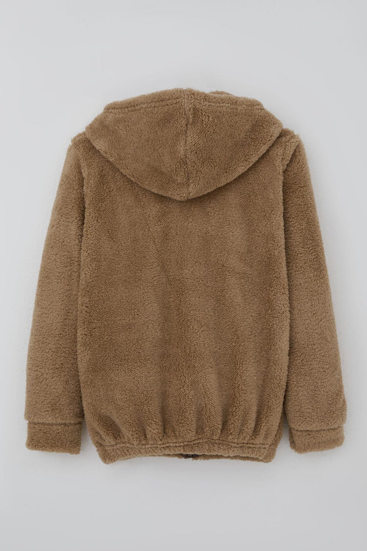 BRE Mensis Girl's Plush Jacket with Bear Embroidery Hooded Pocketed 82 Years, Brown - Security-Widefield