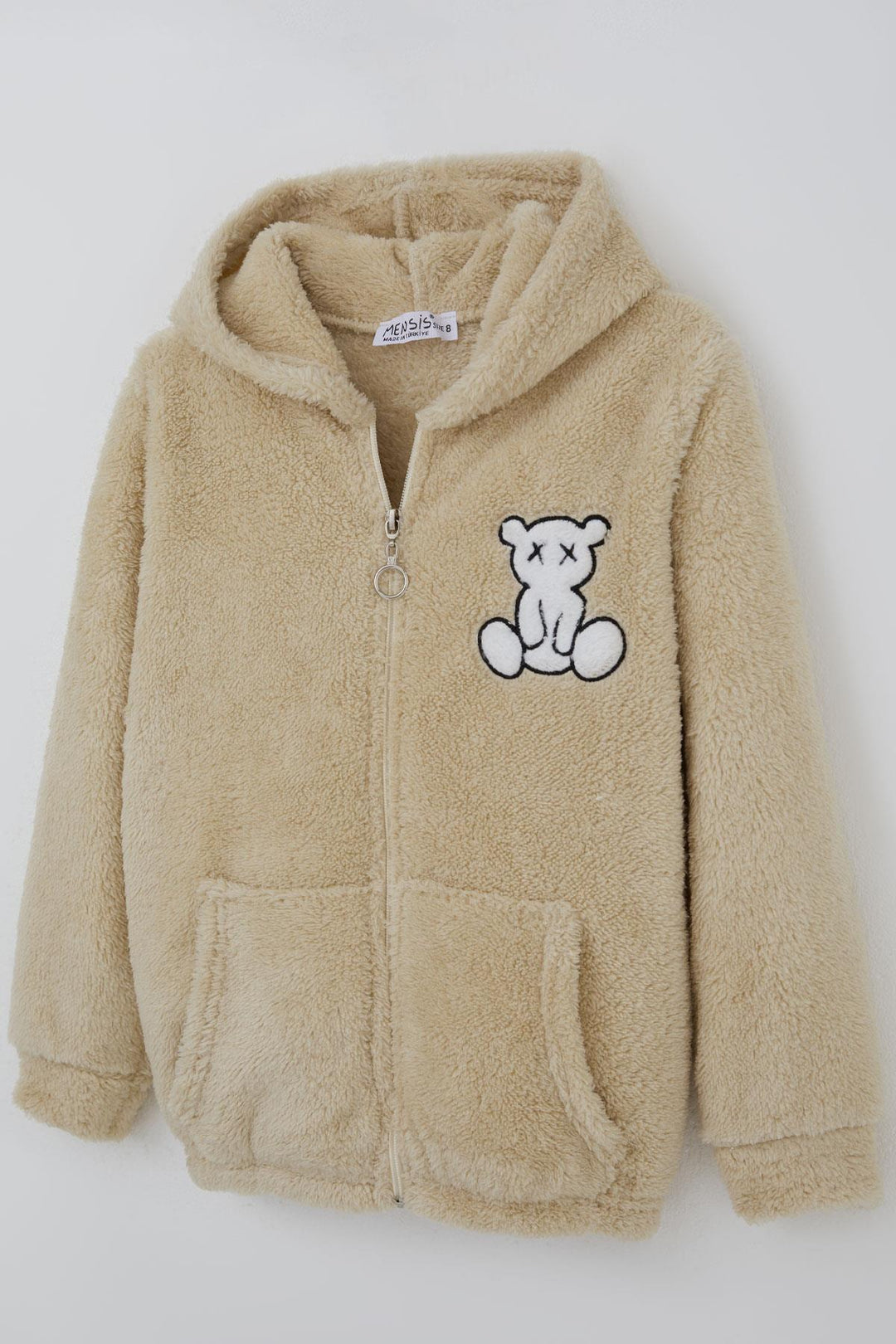 BRE Mensis Girl Plush Jacket with Bear Embroidery Hooded Pocket 82 Years, Beige - Lodi