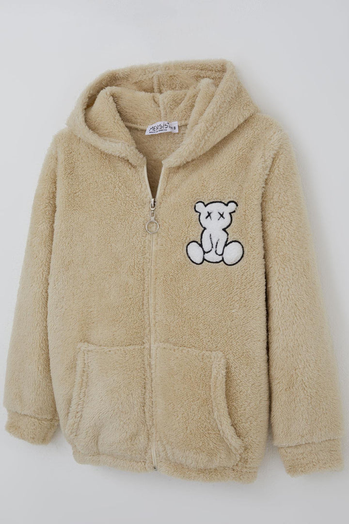 BRE Mensis Girl Plush Jacket with Bear Embroidery Hooded Pocket 82 Years, Beige - Lodi