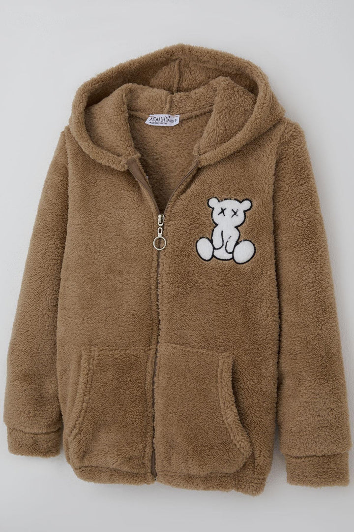 BRE Mensis Girl's Plush Jacket with Bear Embroidery Hooded Pocketed 82 Years, Brown - Security-Widefield