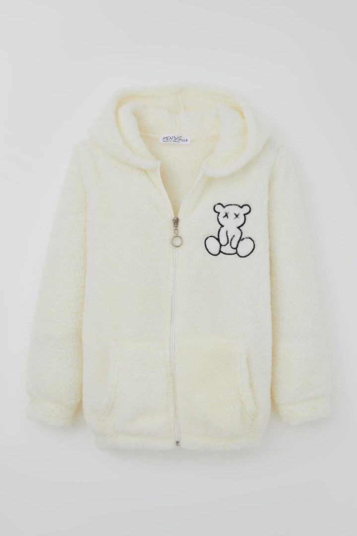 BRE Mensis Girl Plush Jacket with Bear Embroidery Hooded Pocket 82 Years, Ecru - Jefferson City