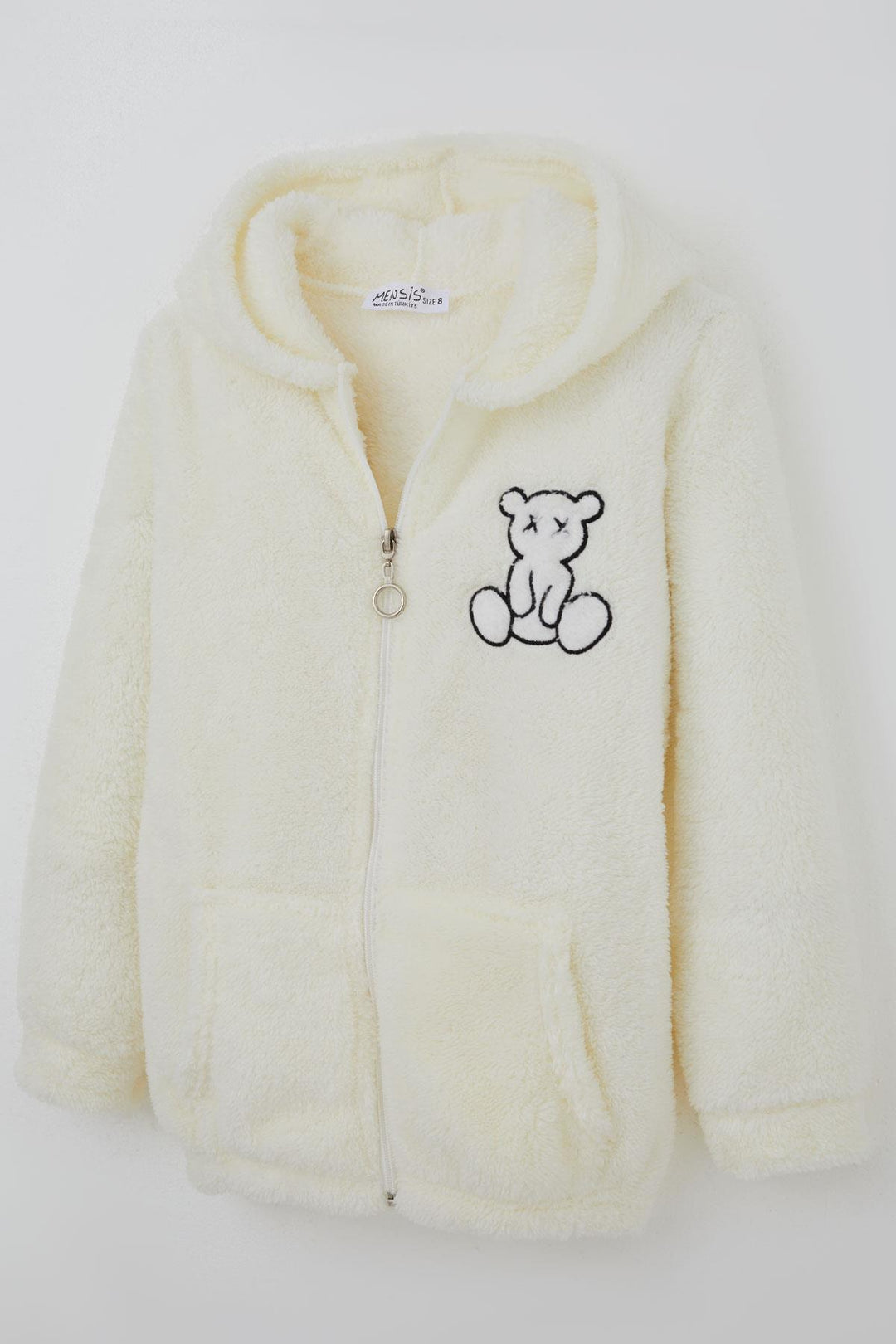 BRE Mensis Girl Plush Jacket with Bear Embroidery Hooded Pocket 82 Years, Ecru - Jefferson City
