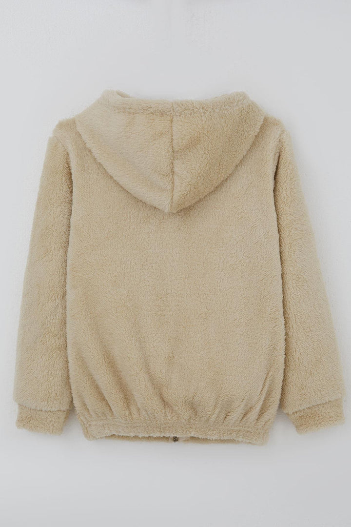 BRE Mensis Girl Plush Jacket with Bear Embroidery Hooded Pocket 82 Years, Beige - Lodi