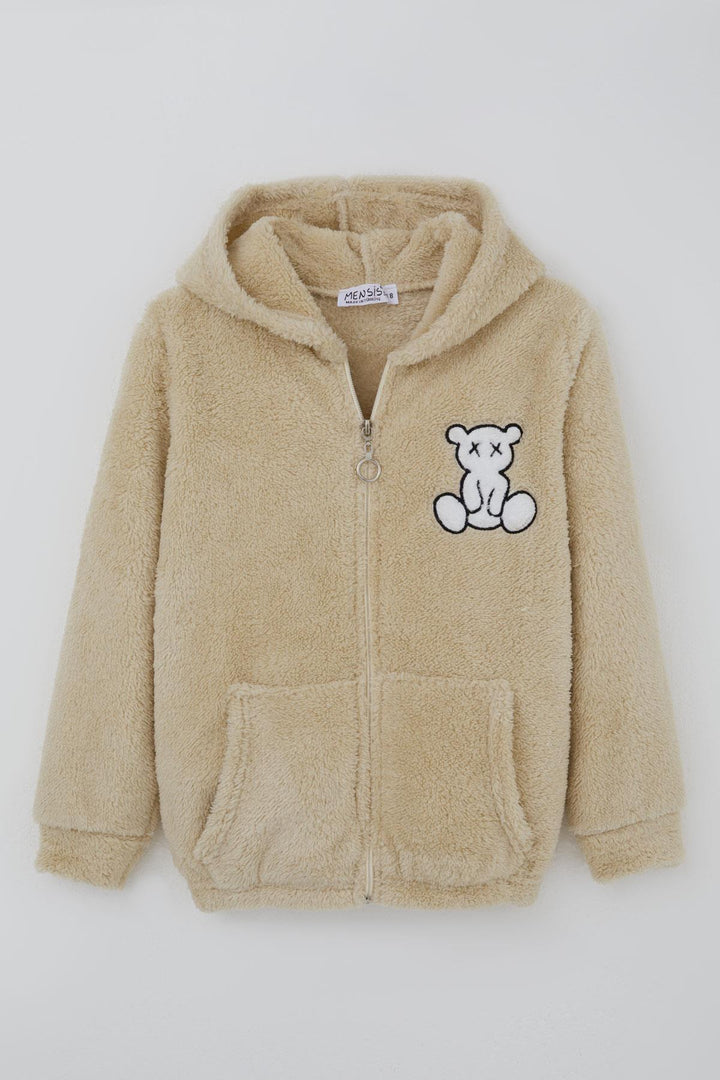 BRE Mensis Girl Plush Jacket with Bear Embroidery Hooded Pocket 82 Years, Beige - Lodi