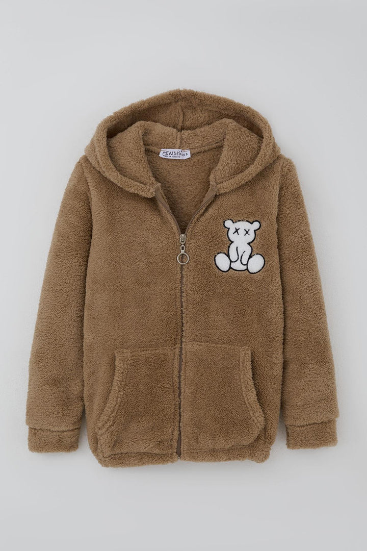 BRE Mensis Girl's Plush Jacket with Bear Embroidery Hooded Pocketed 82 Years, Brown - Security-Widefield