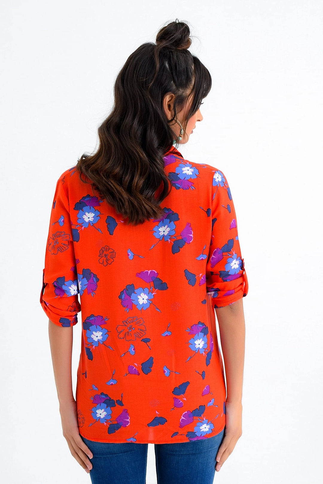 Coral Flower Patterned Epaulet Woven Shirt BCBSK-25700-K4095 - Tequisquiapan