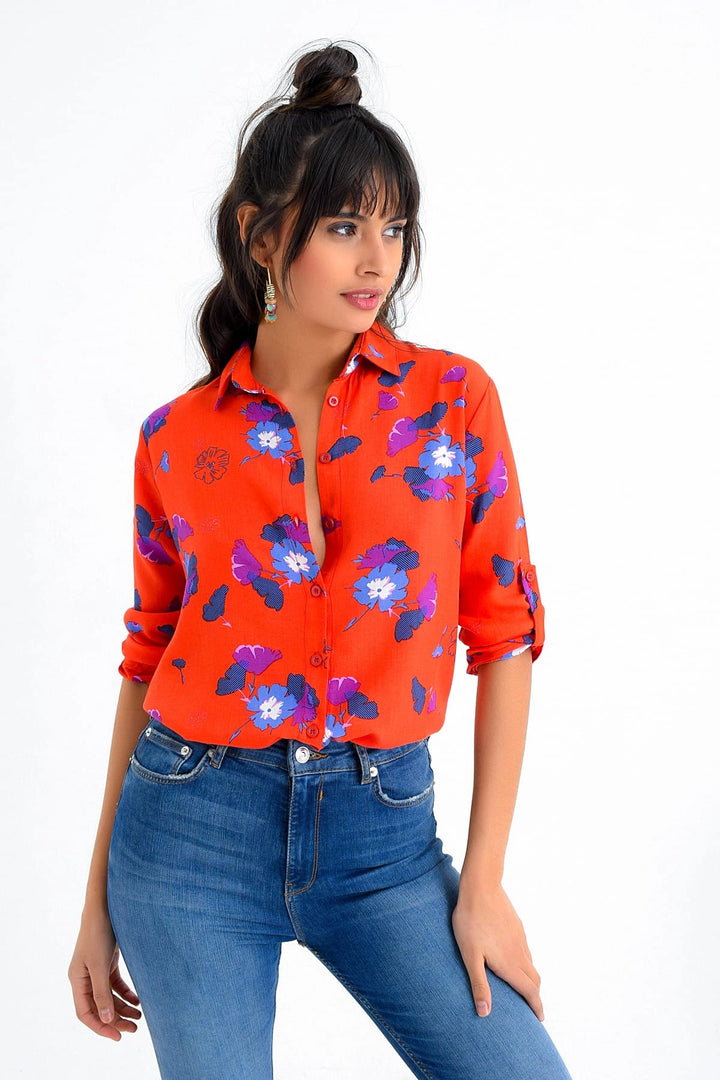 Coral Flower Patterned Epaulet Woven Shirt BCBSK-25700-K4095 - Tequisquiapan