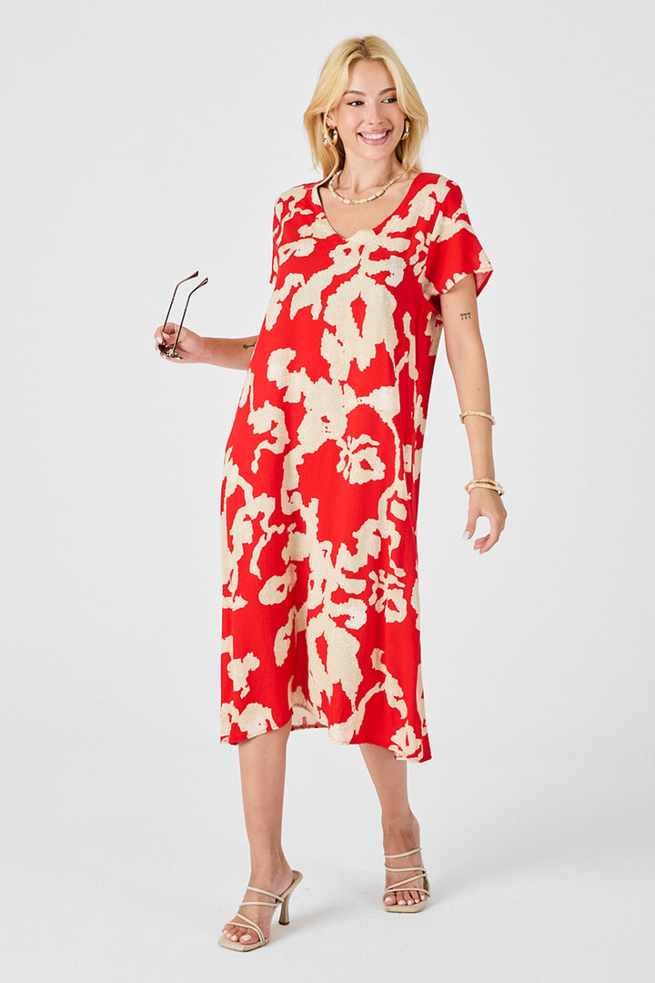 Coral Deep V-Neck Slit Patterned Midi Dress BCVL-254012 - Boryspil