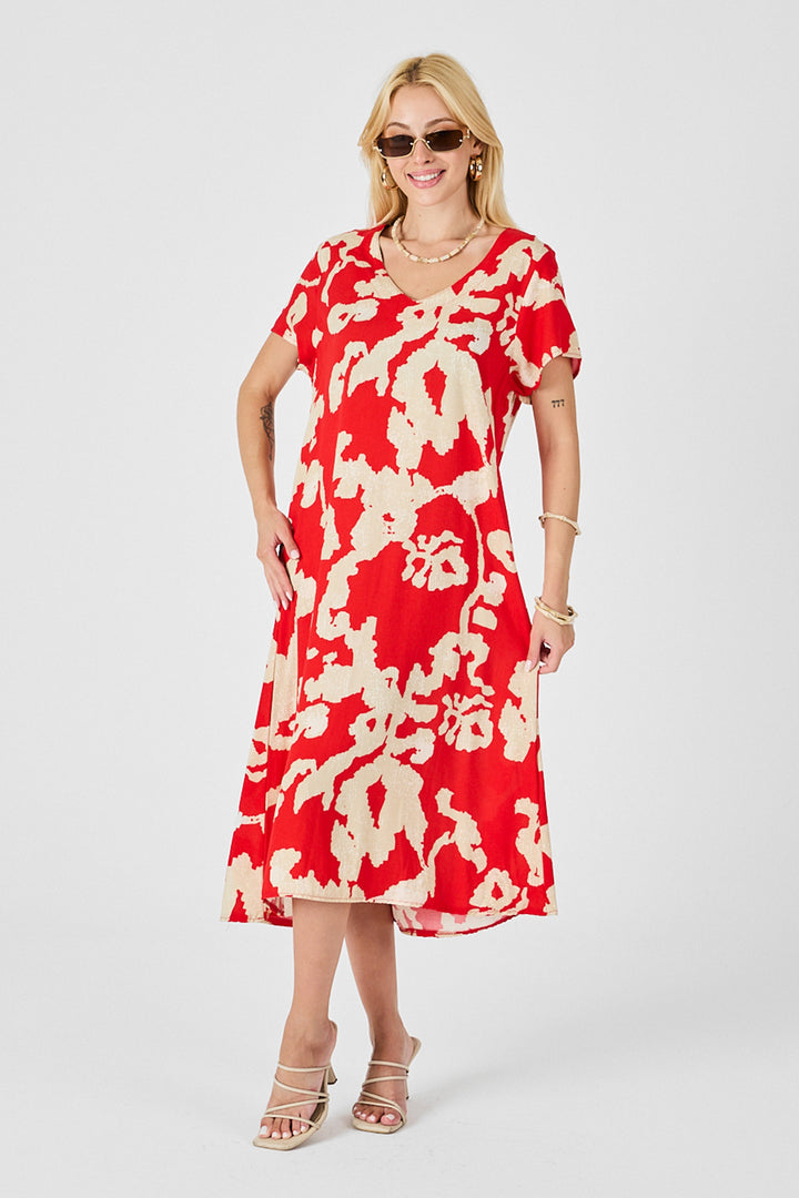 Coral Deep V-Neck Slit Patterned Midi Dress BCVL-254012 - Boryspil