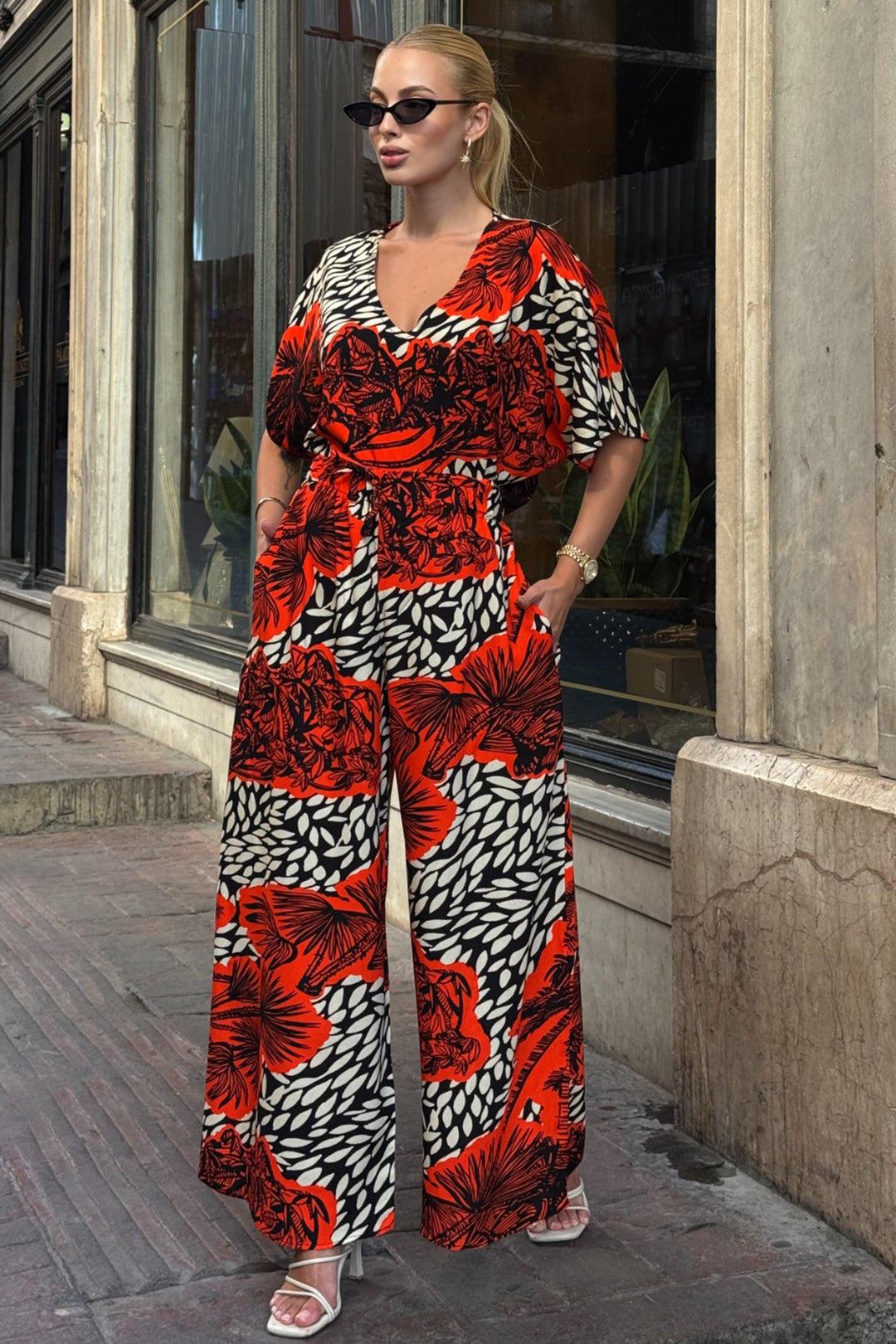 Coral Patterned V-Neck Half Sleeve Blouse and Elastic Waist Palazzo Pants Set BCVL-254001 - Augusta
