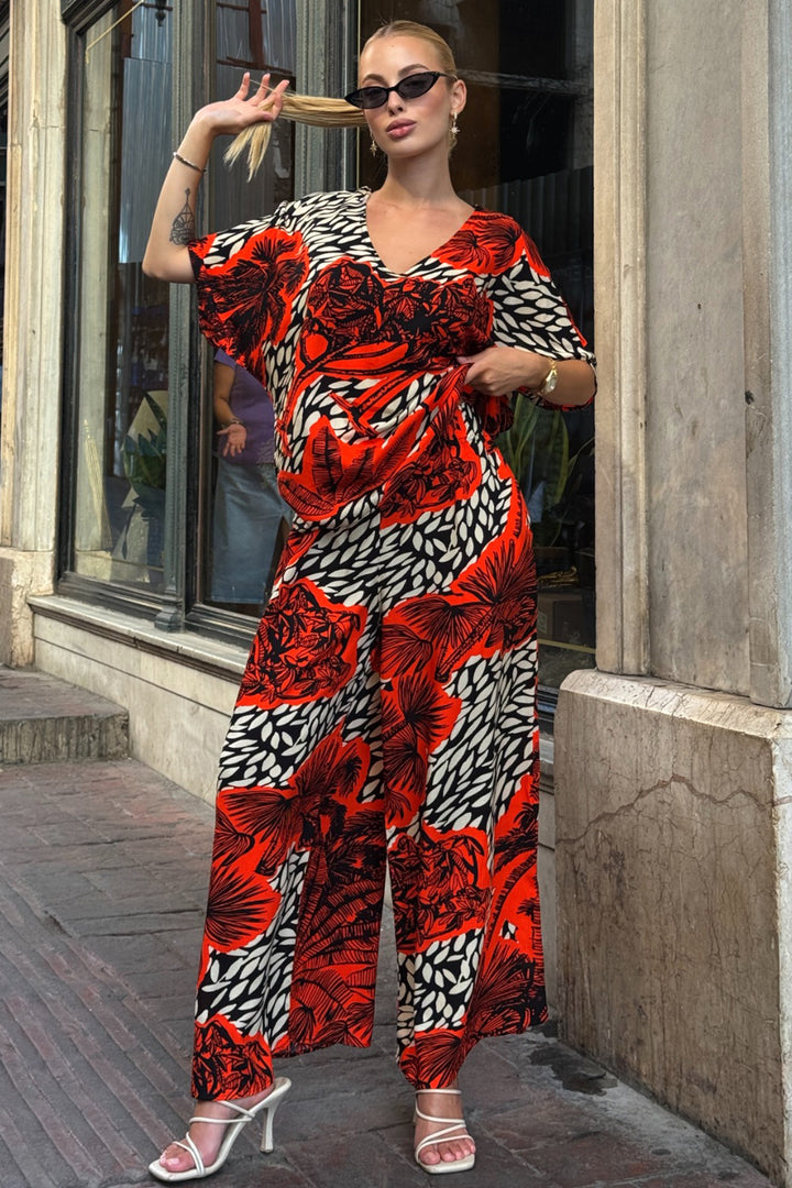 Coral Patterned V-Neck Half Sleeve Blouse and Elastic Waist Palazzo Pants Set BCVL-254001 - Augusta