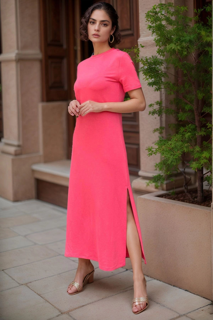 Coral Shoulder Buttoned Slit Long Dress BCBSK-25700-3618 - Cuxhaven